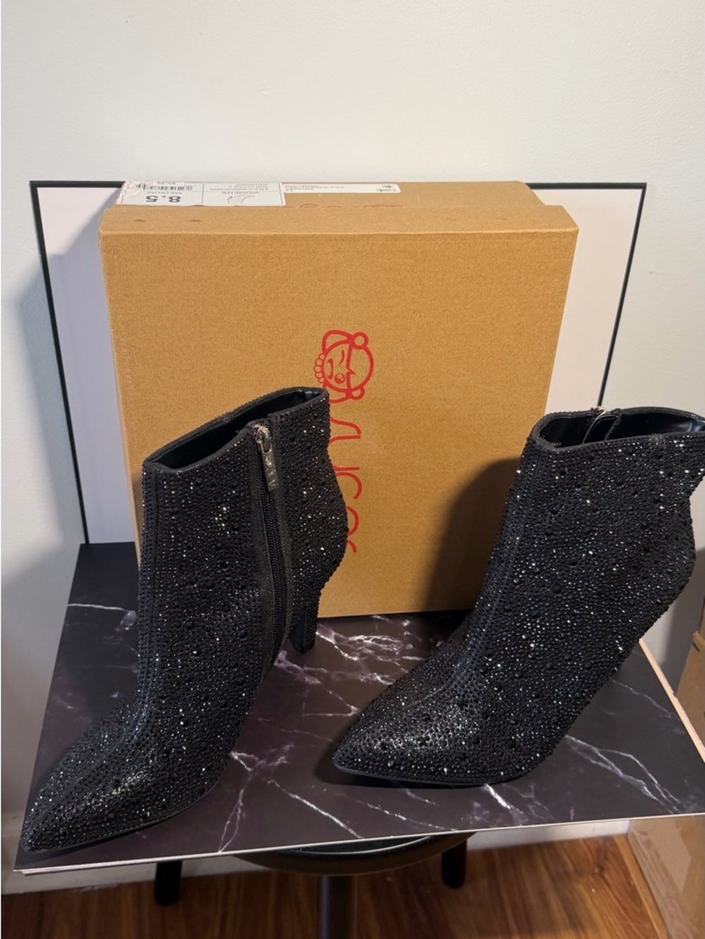 Sugar "Vecna" Black Rhinestone Embellished Pointed-Toe Booties - Size 8.5
